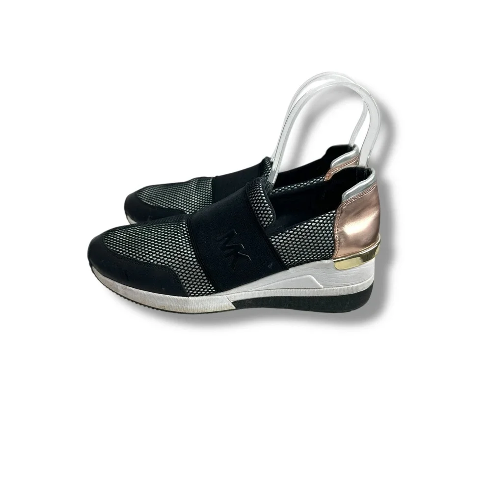Michael Kors Women's Black Mesh Slip On Wedge Sneakers Rose Gold‎ Accent